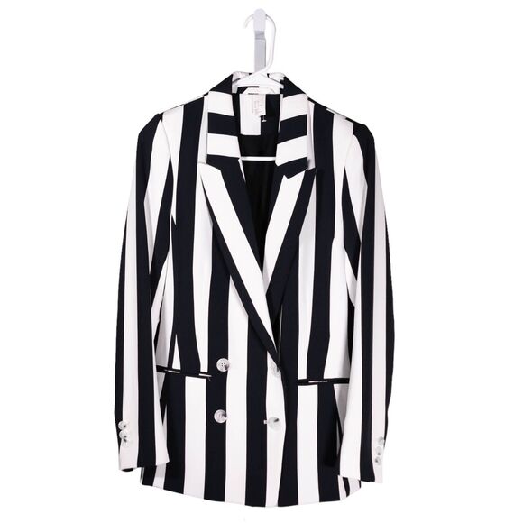 H&M Womens Blazer Blue White Striped Double Breasted Stretch Lined Suit Jacket 4 - Picture 1 of 10
